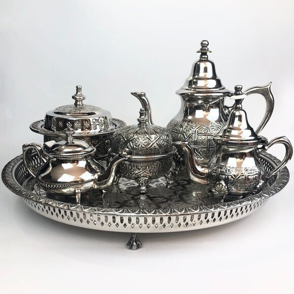 Vintage Moroccan Tea & Coffee Set 6-Piece Handmade in Fes Silver Plate - Picture 1 of 15